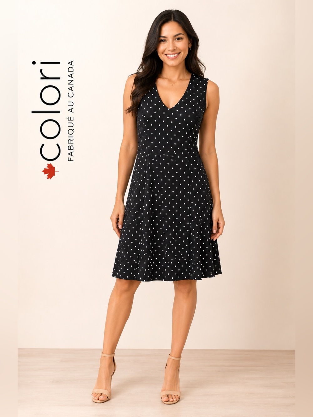 •Colori Black White Polka Dot Sleeveless Dress Medium Made in Canada